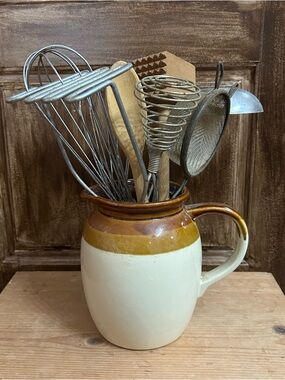 Vintage kitchen utensils and crock, farmhouse.